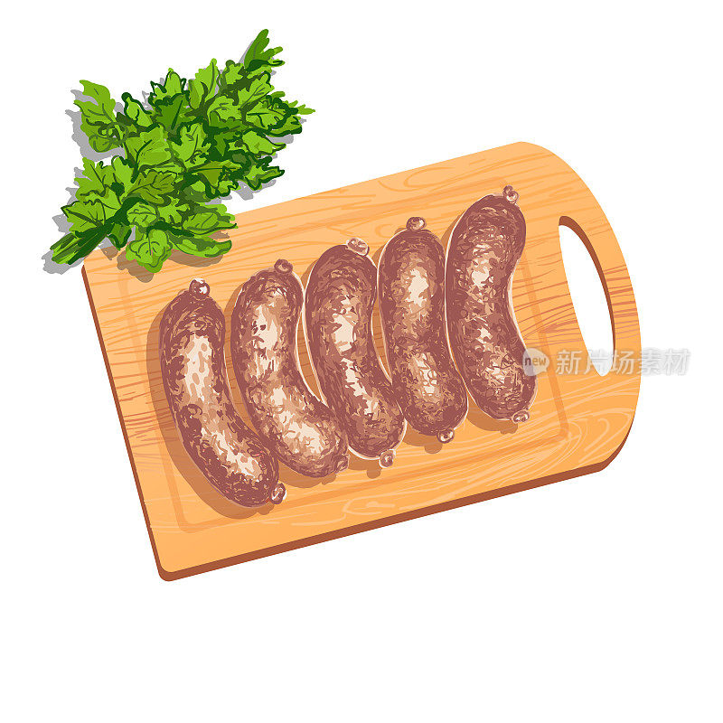 Colorful illustration of sausages on cutting board